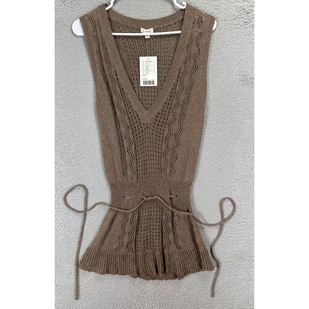 Anthropologie A. Cheng Shirt Womens Large Tan Drawstring Long V-Neck Blouse NEW